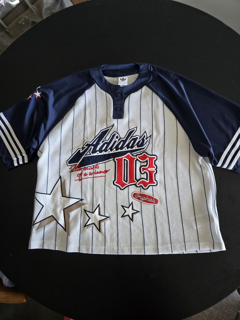 adidas White & Navy Baseball-Style Tee with Red Graphic
